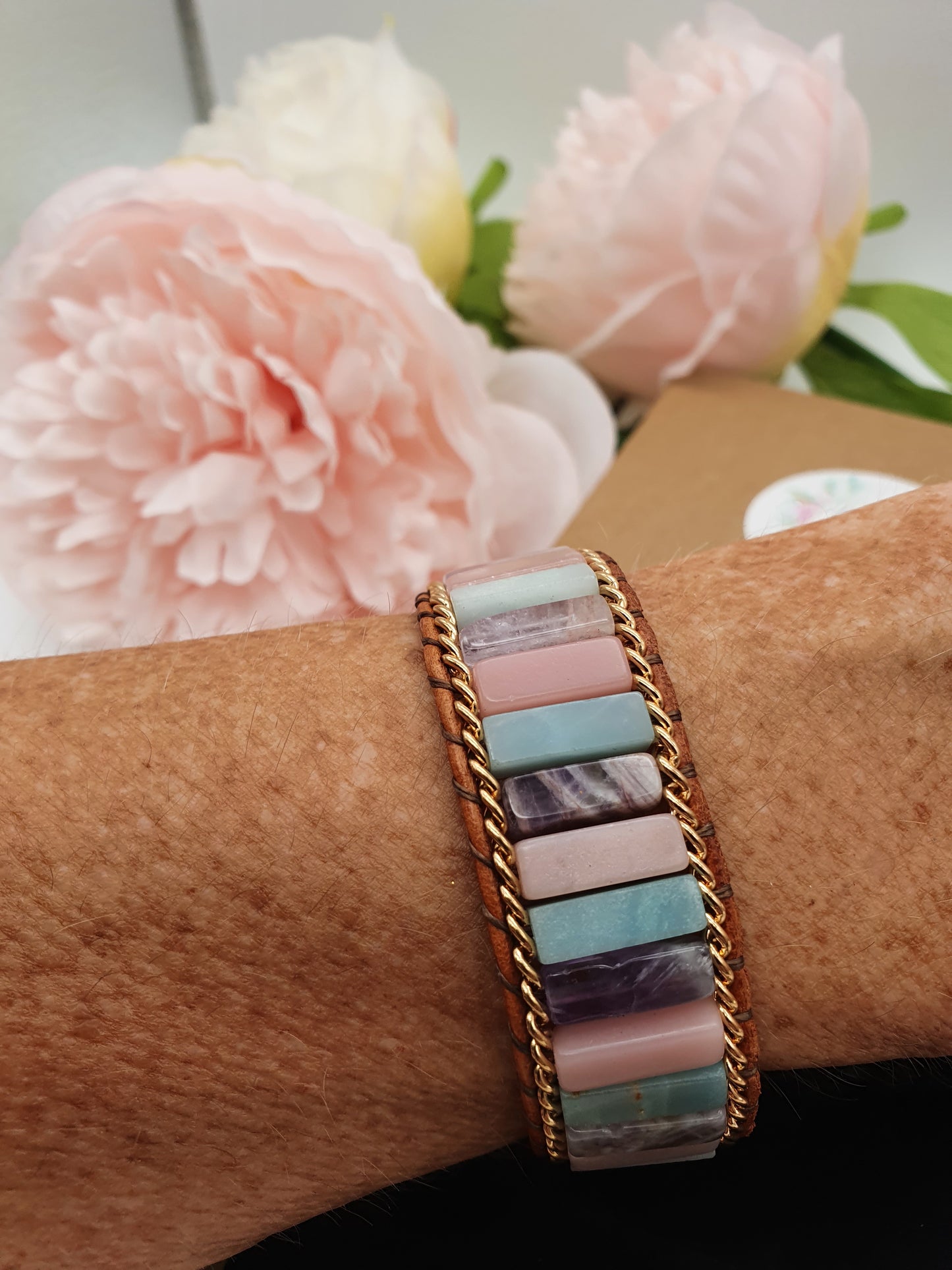 Jasper, Amethyst, Rose Quartz and Leather Bracelet