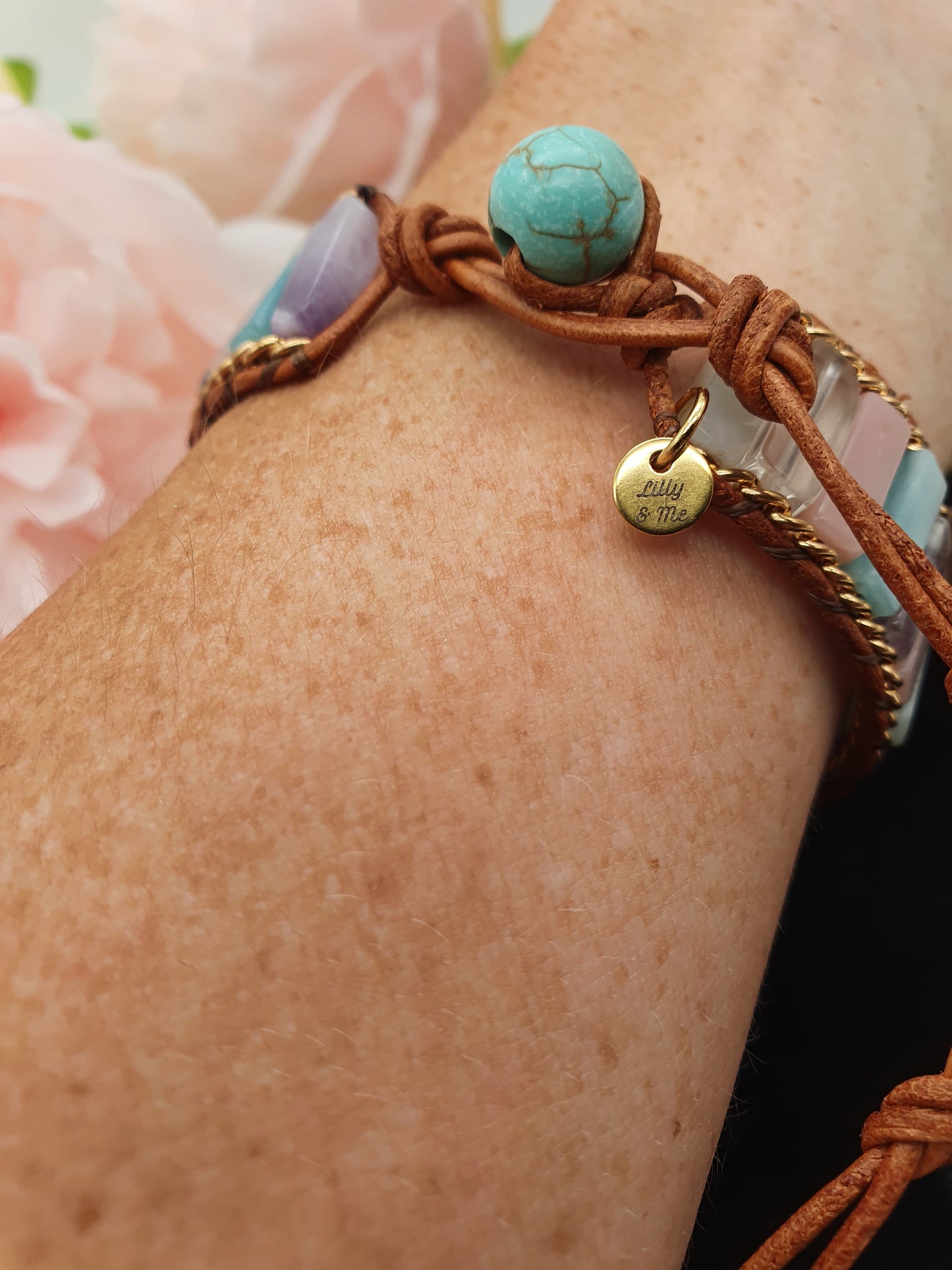 Jasper, Amethyst, Rose Quartz and Leather Bracelet