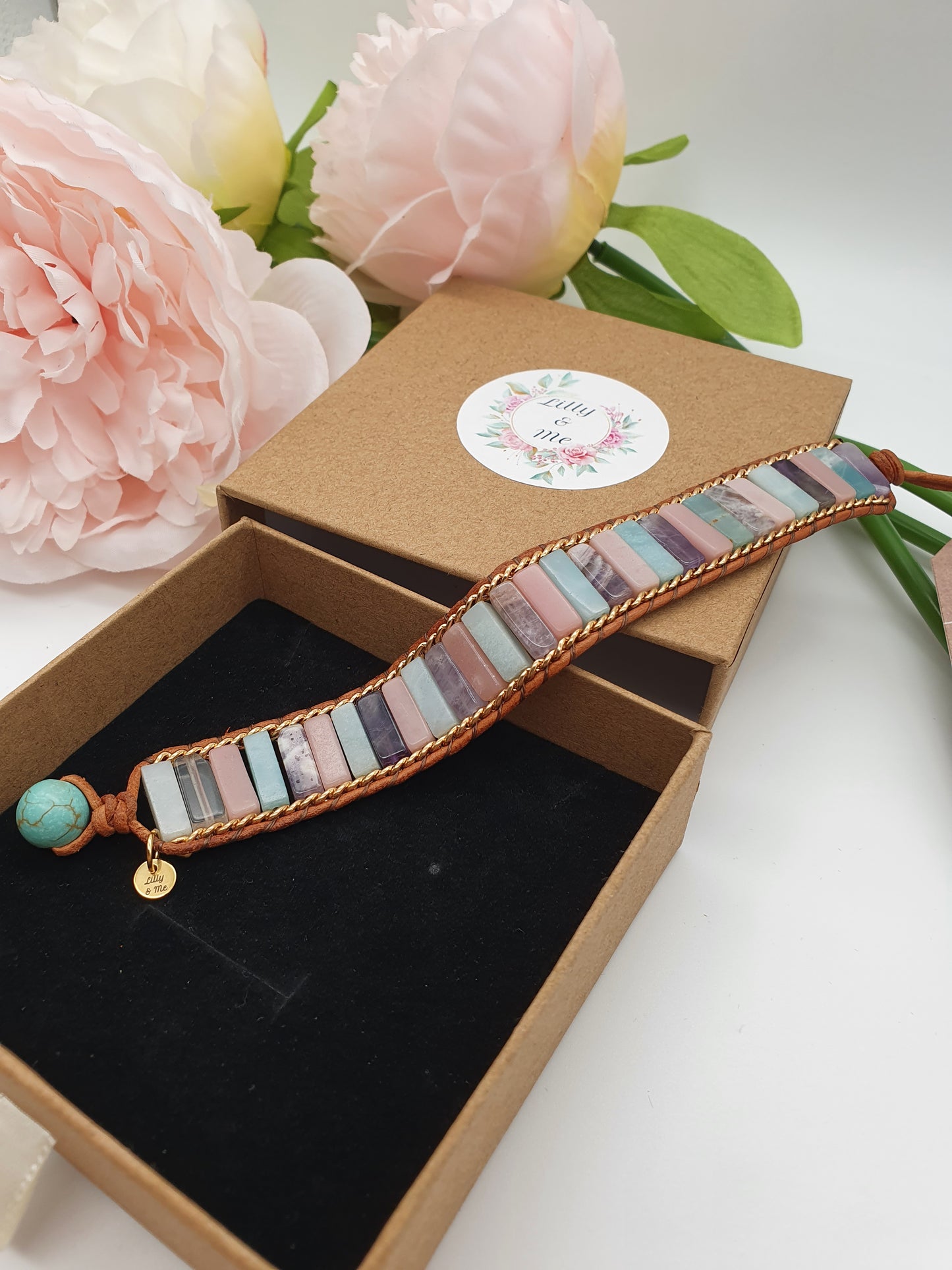 Jasper, Amethyst, Rose Quartz and Leather Bracelet