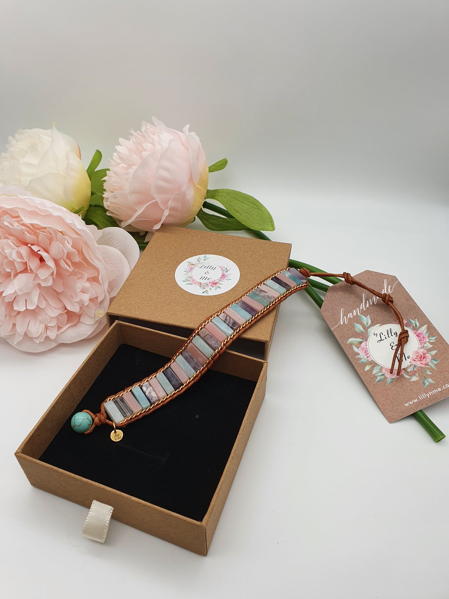 Jasper, Amethyst, Rose Quartz and Leather Bracelet