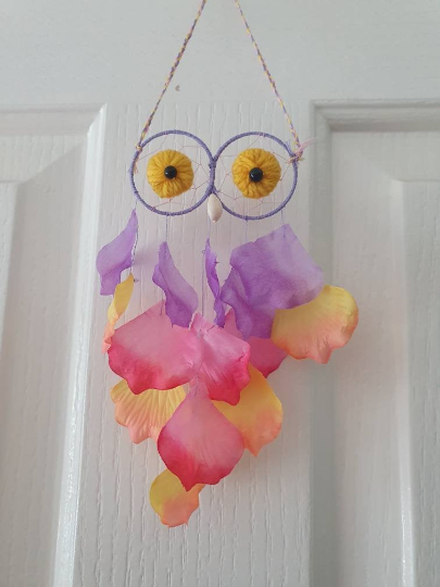 Sweet Light and Flowery Protective Petal Owl Dreamcatcher hanging.