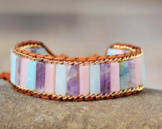 Jasper, Amethyst, Rose Quartz and Leather Bracelet