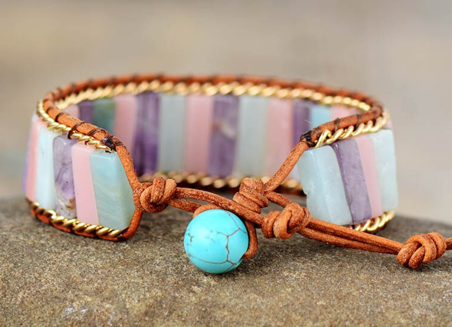 Jasper, Amethyst, Rose Quartz and Leather Bracelet