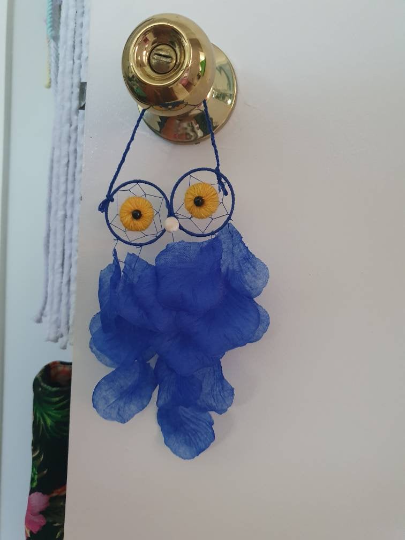 Sweet Light and Flowery Protective Petal Owl Dreamcatcher hanging.