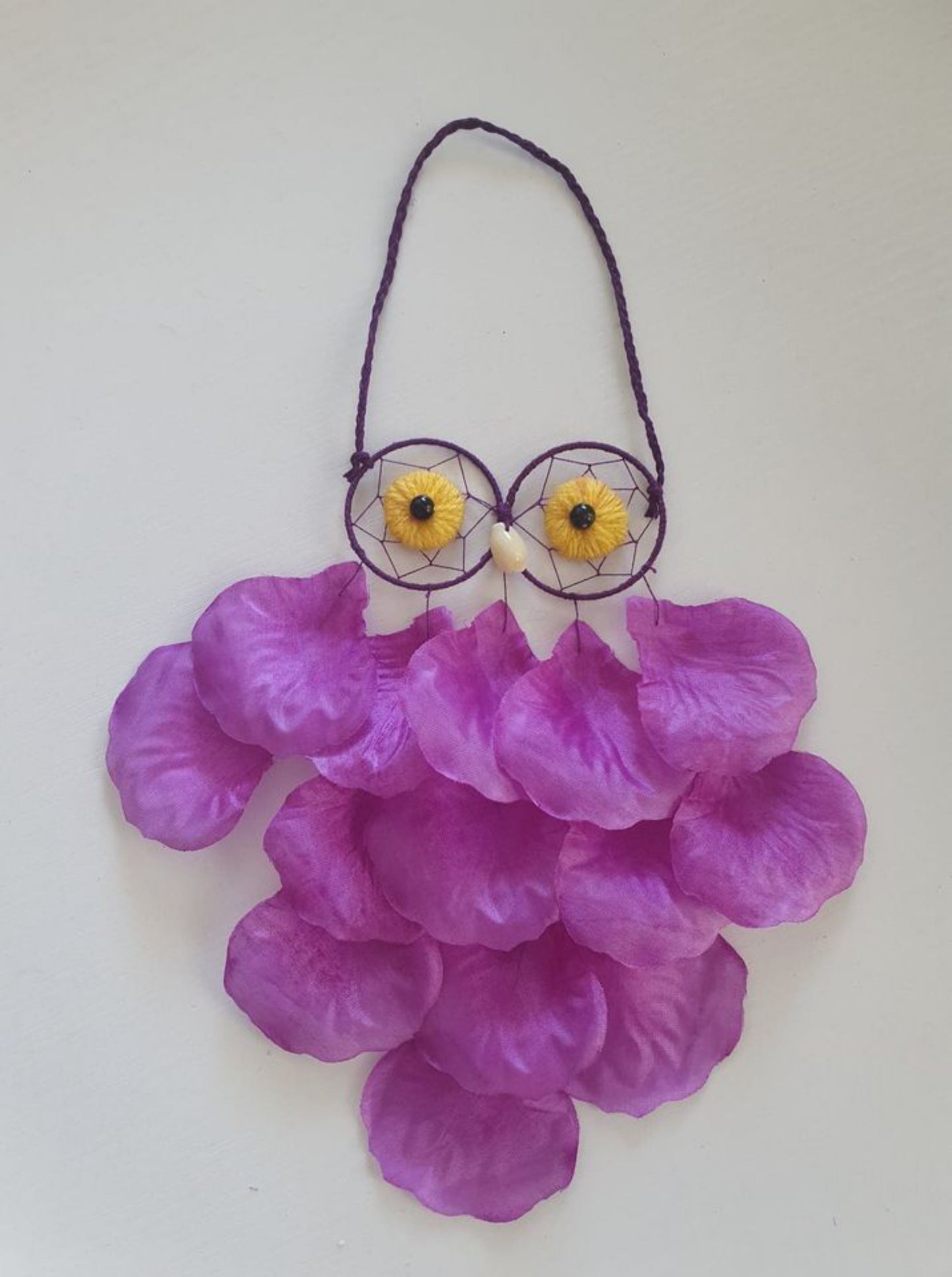 Sweet Light and Flowery Protective Petal Owl Dreamcatcher hanging.